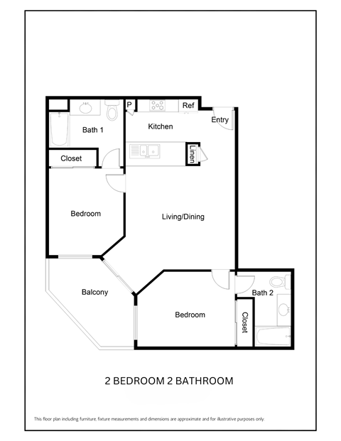 Floor plan for 2 beds, 2 baths, 852 sqft